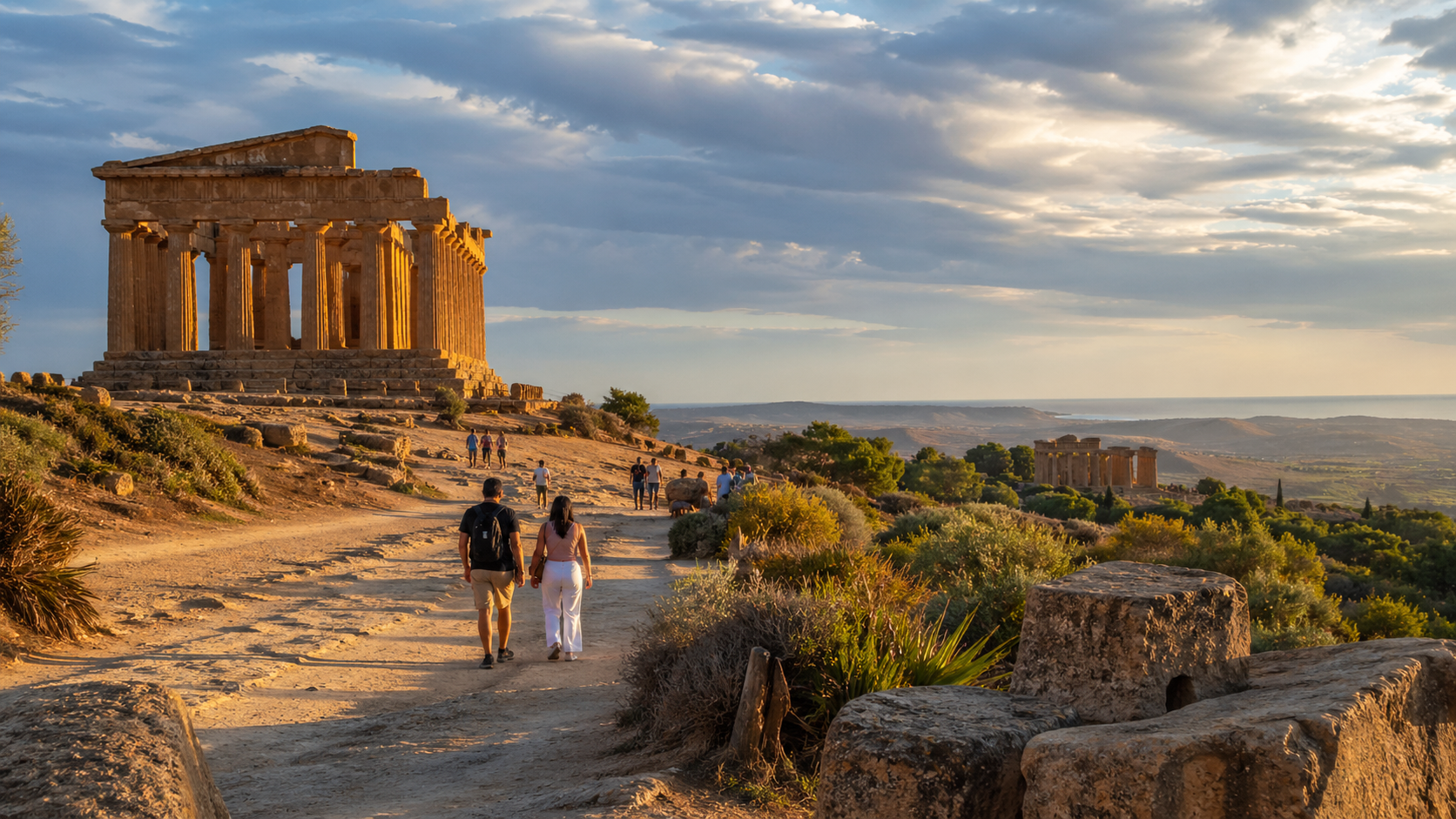 Ancient Temple Ruins Under Golden Hour Sky