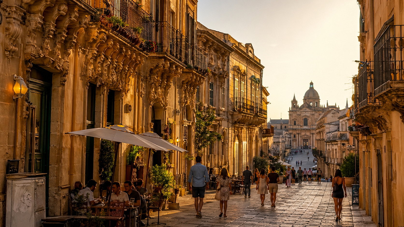 Goldene Stunde auf einer mediterranen Straße Siziliens