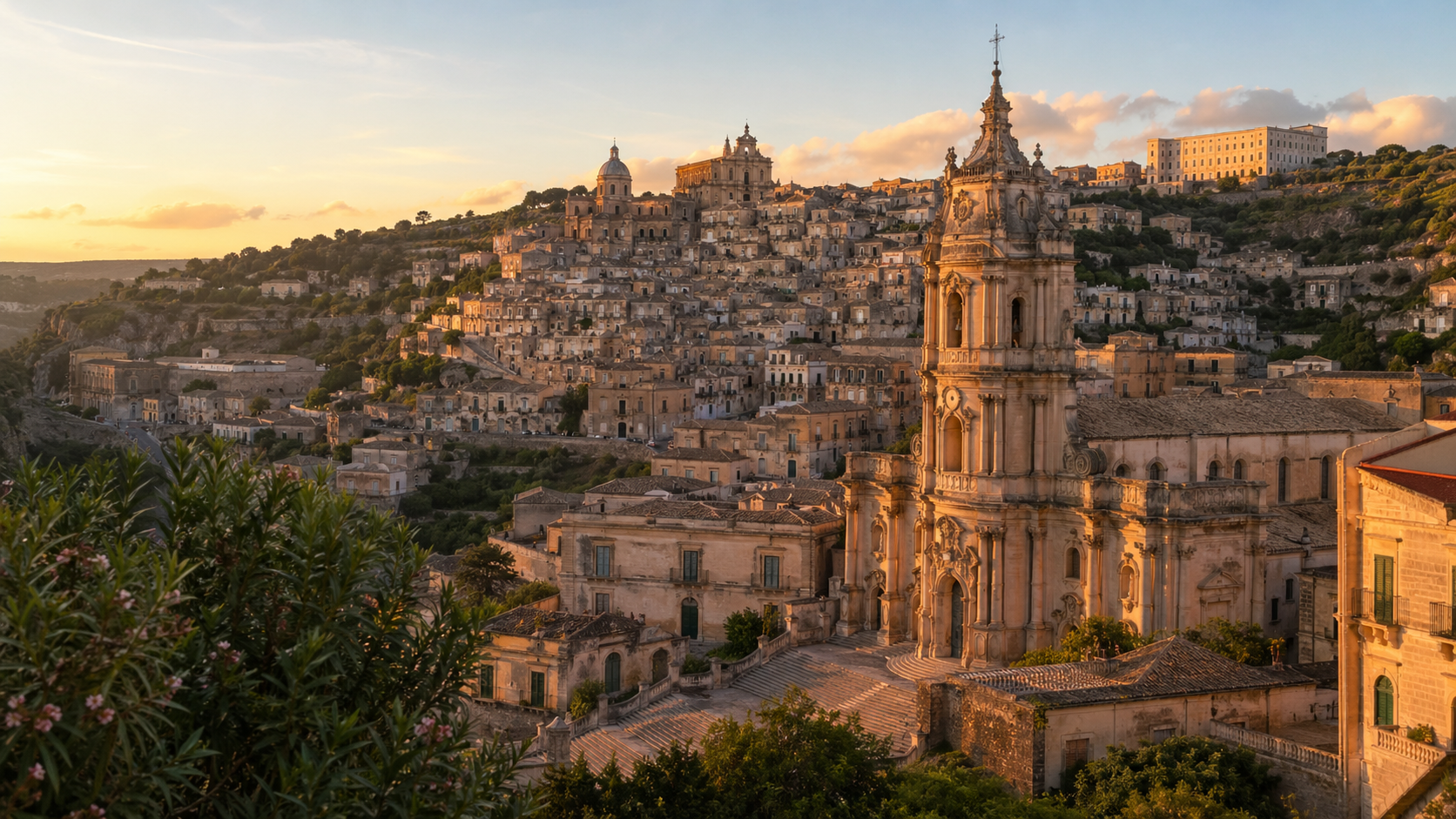 Golden Hour Over Hillside Cityscape And Cathedral