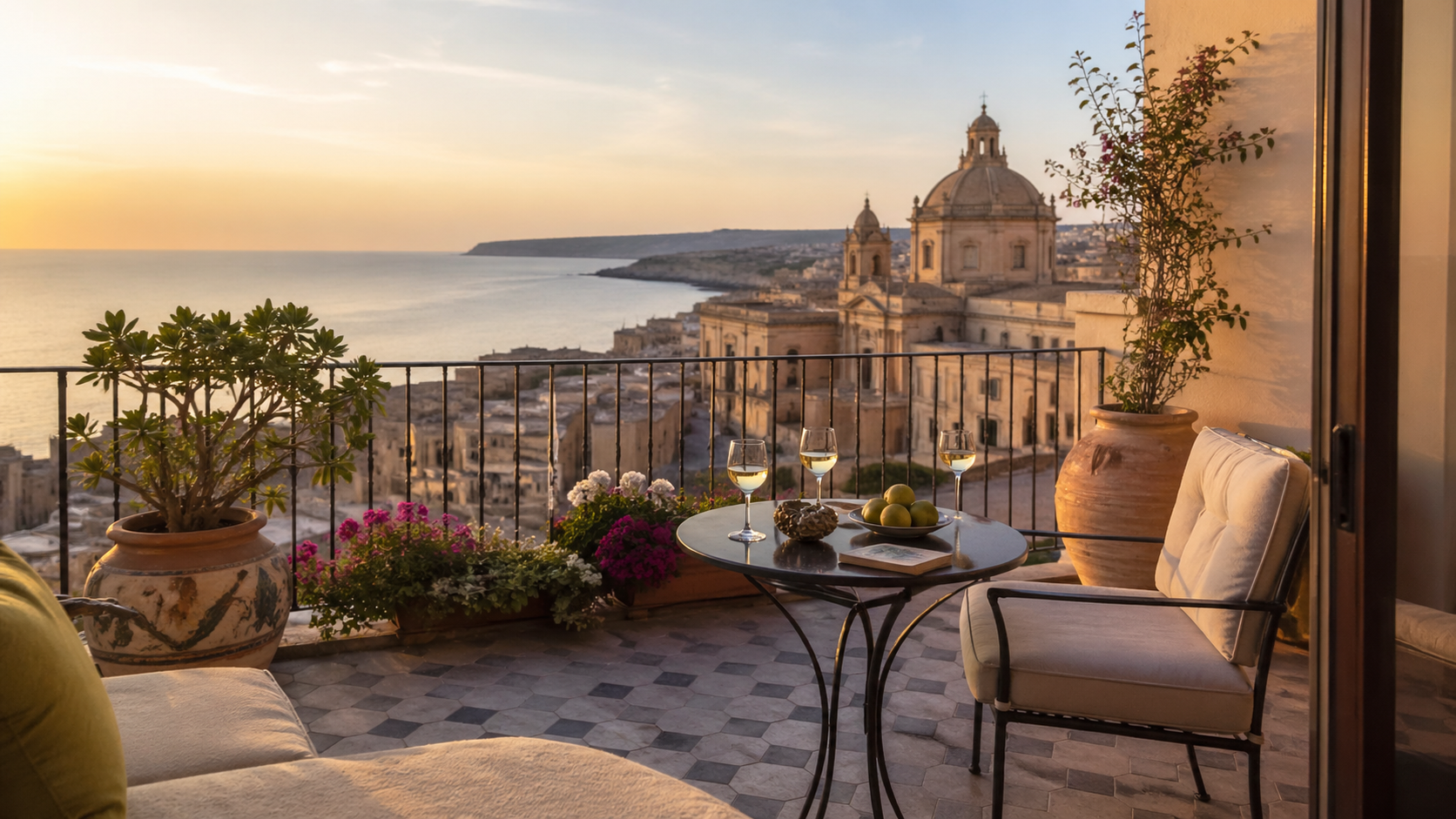 Sizilianische Terrasse mit Meeresblick bei Sonnenuntergang
