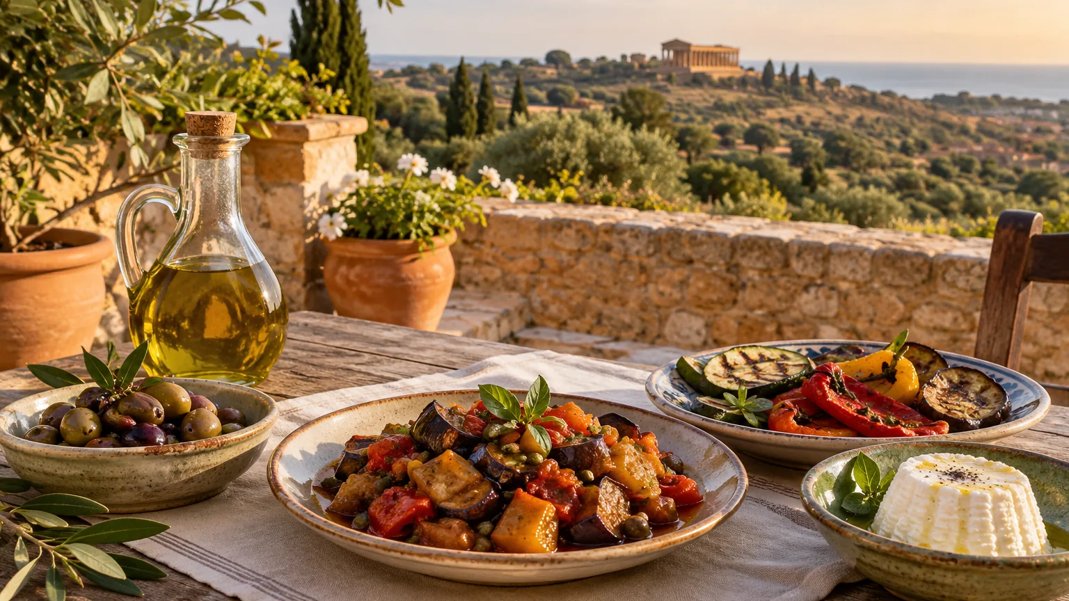Caponata, gegrilltes Gemüse, Ricotta und Oliven auf einer Terrasse, im Hintergrund ein Tempel