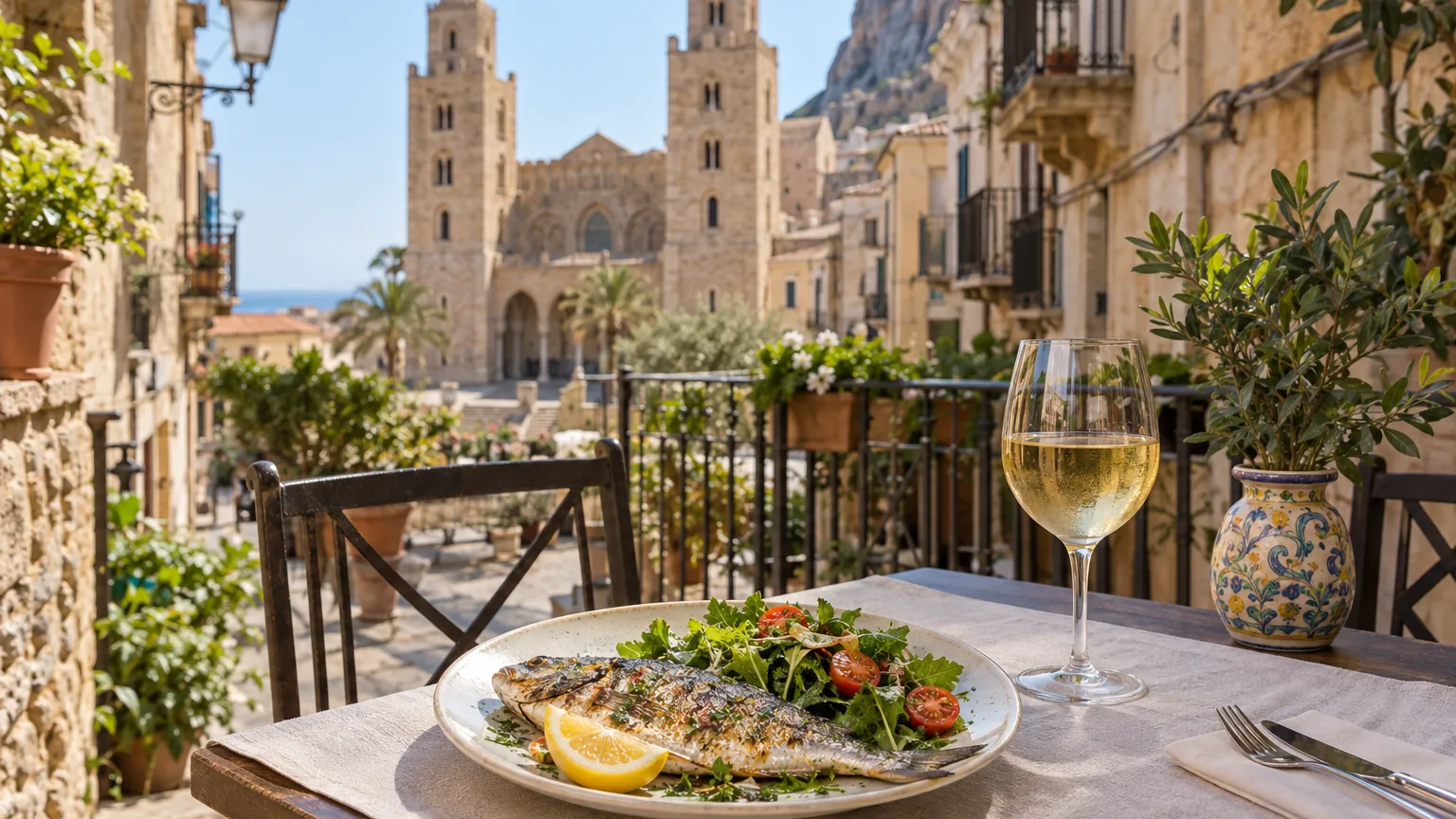 Gegrillter Fisch mit Salat auf einer Terrasse, im Hintergrund der Dom von Cefalù