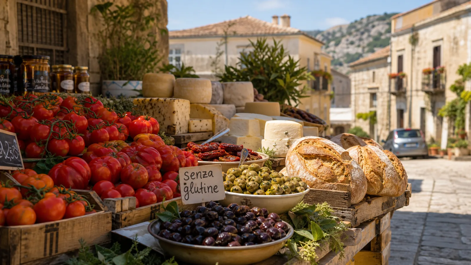 Sonniger sizilianischer Markt mit lokalen Spezialitäten