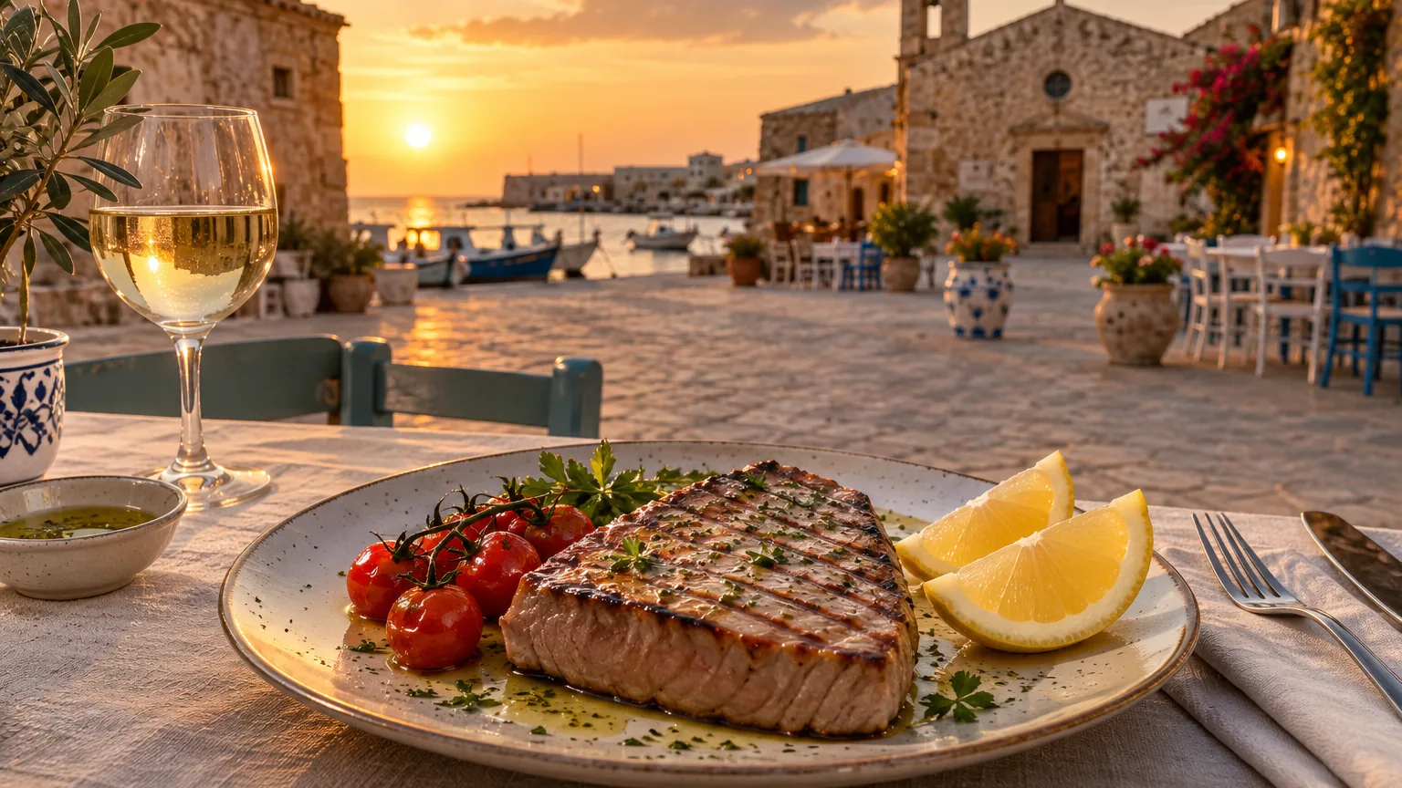 Gegrilltes Thunfischsteak mit Kirschtomaten und Zitrone auf einer Piazza am Meer