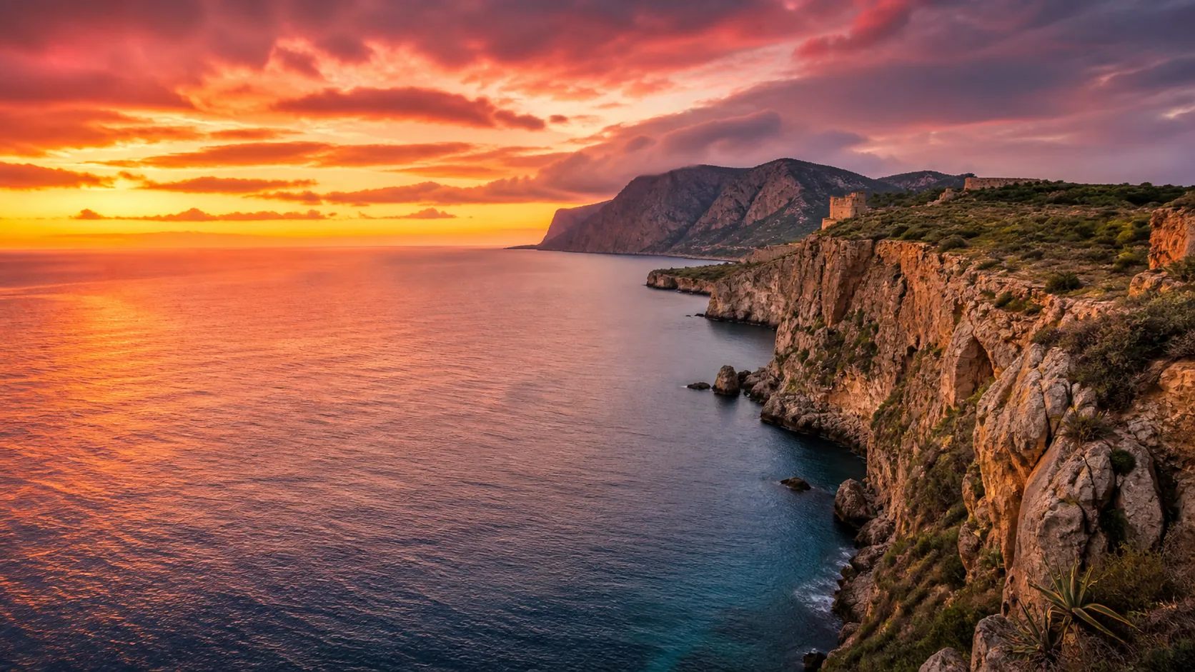 Mediterrane Küste Siziliens im Sonnenuntergang