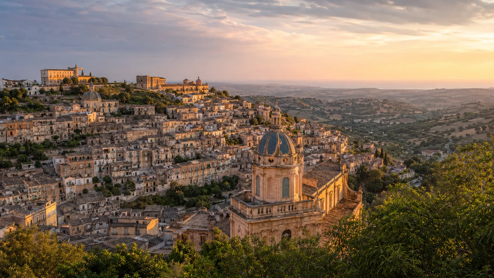 Sonnenuntergang über Hügelstadt Modica
