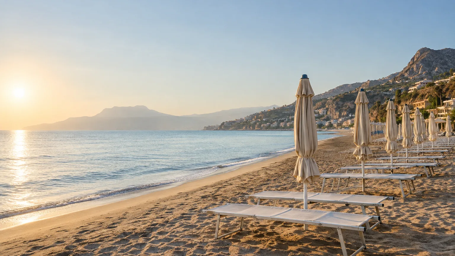 Sandstrand am frühen Morgen mit geschlossenen Sonnenschirmen
